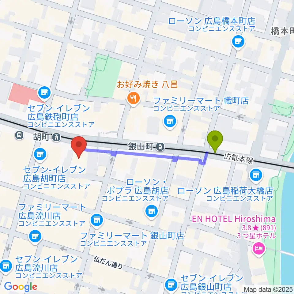 銀山町駅からNORI SOUNDへのルートマップ地図