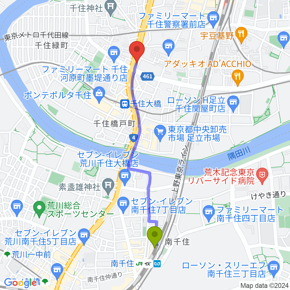 南千住駅からGスクエアへのルートマップ地図