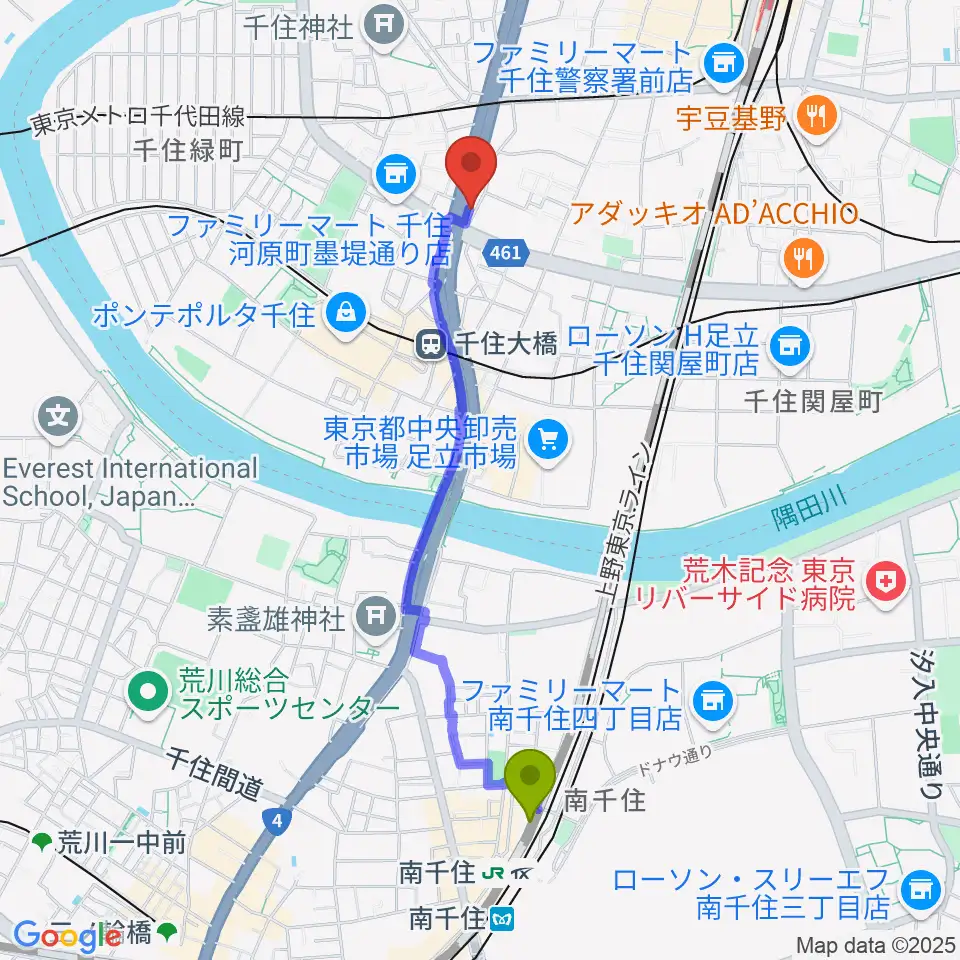 南千住駅からGスクエアへのルートマップ地図