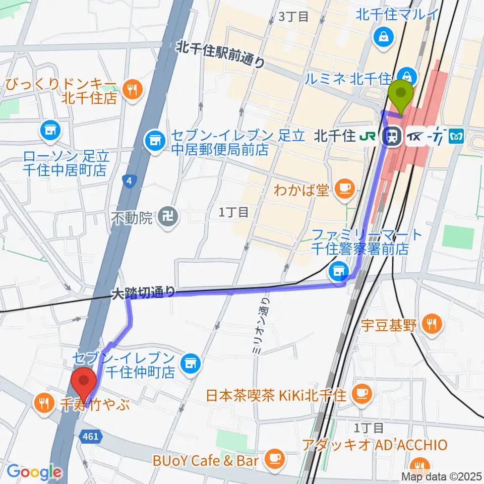 北千住駅からGスクエアへのルートマップ地図