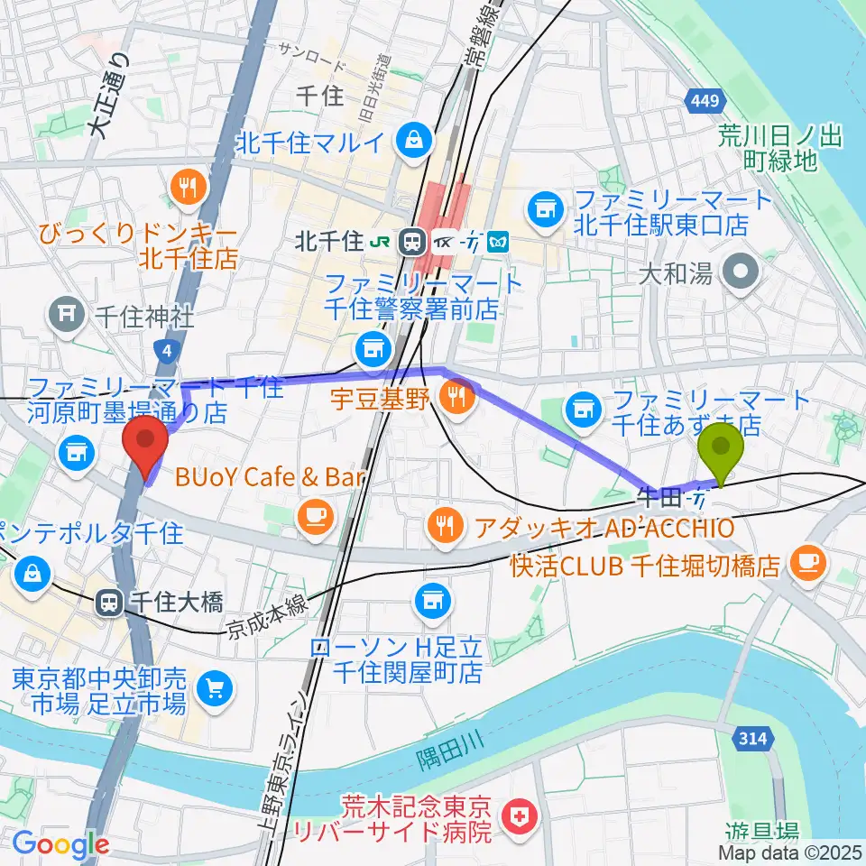 牛田駅からGスクエアへのルートマップ地図