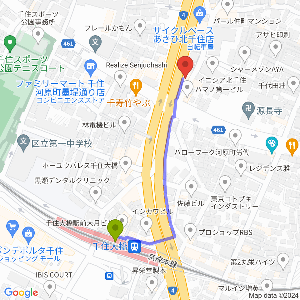 Gスクエアの最寄駅千住大橋駅からの徒歩ルート（約5分）地図