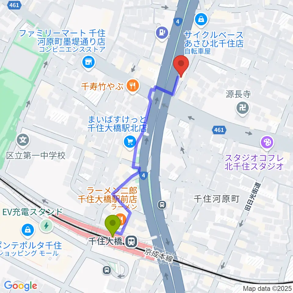 Gスクエアの最寄駅千住大橋駅からの徒歩ルート（約5分）地図