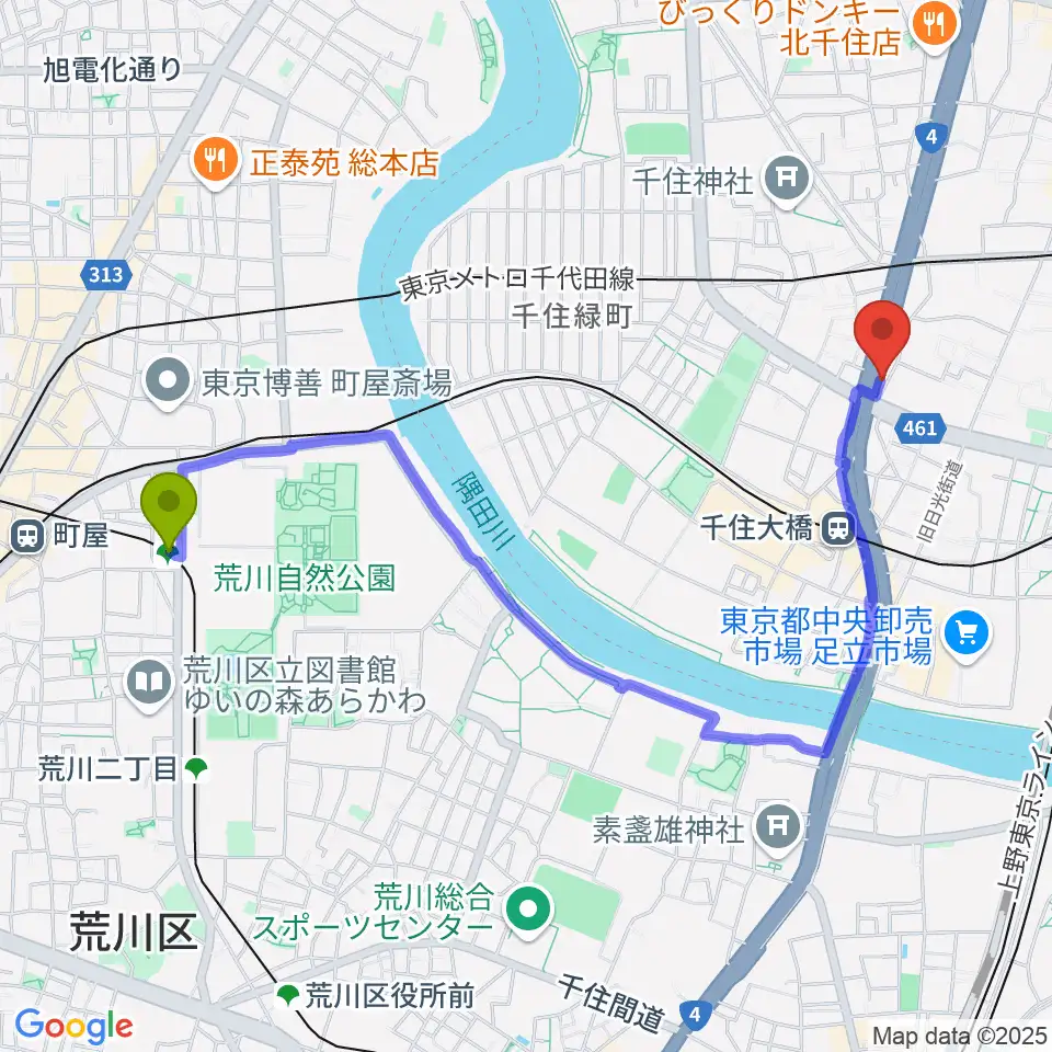 荒川七丁目駅からGスクエアへのルートマップ地図