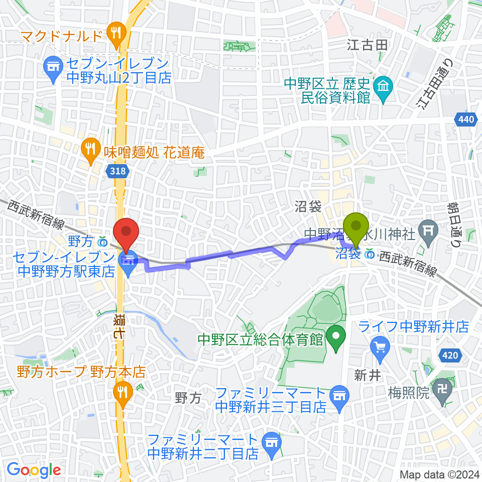 沼袋駅からサウンドスタジオノア 野方店へのルートマップ地図
