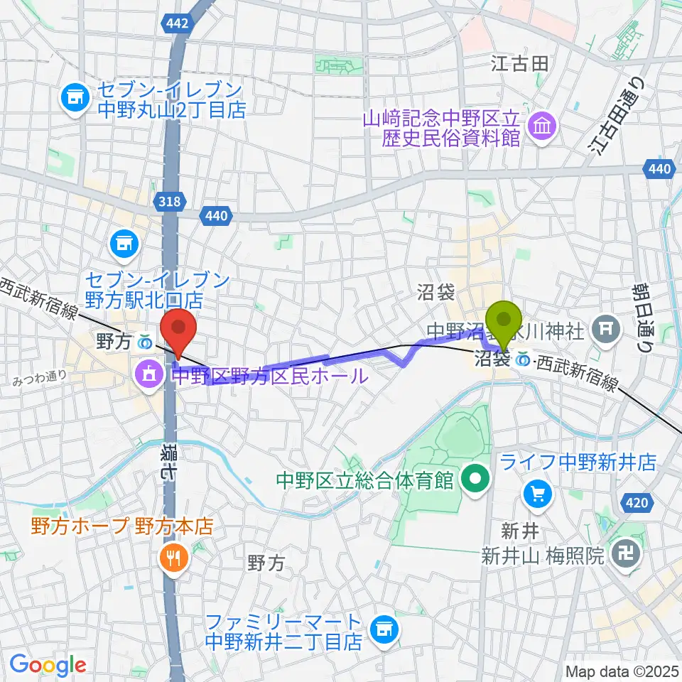 沼袋駅からサウンドスタジオノア 野方店へのルートマップ地図