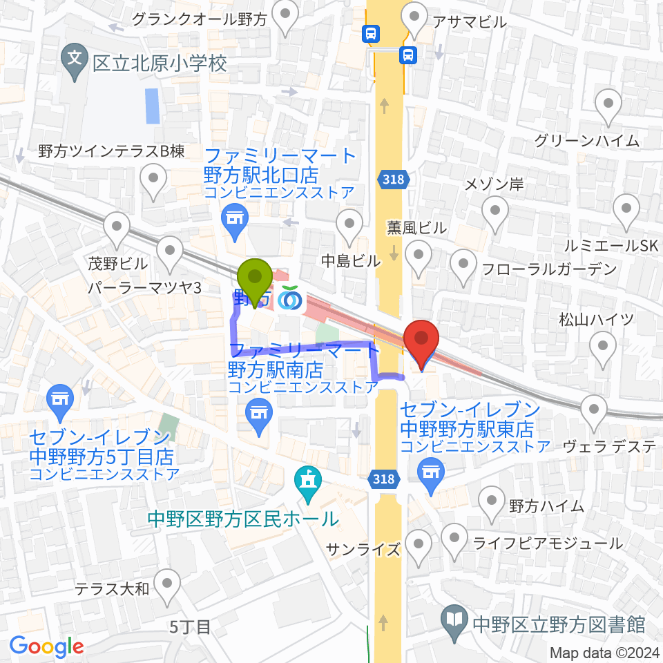 サウンドスタジオノア 野方店の最寄駅野方駅からの徒歩ルート（約2分）地図