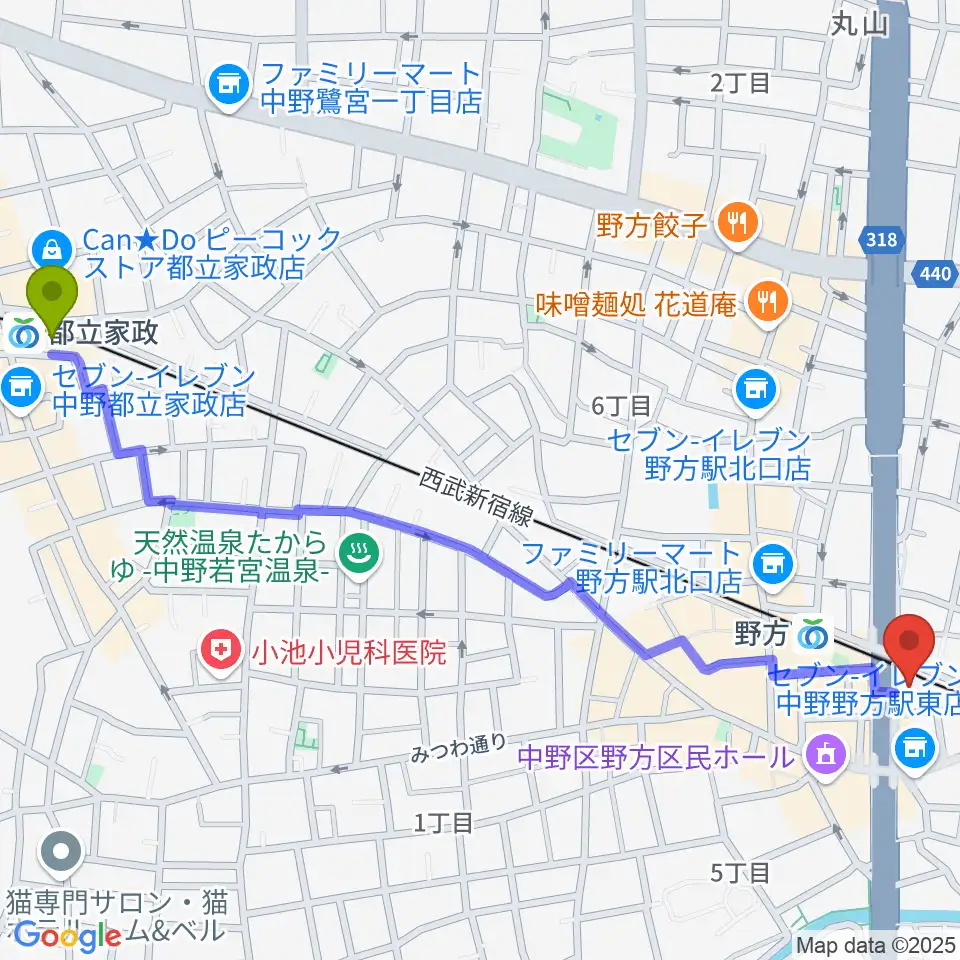都立家政駅からサウンドスタジオノア 野方店へのルートマップ地図