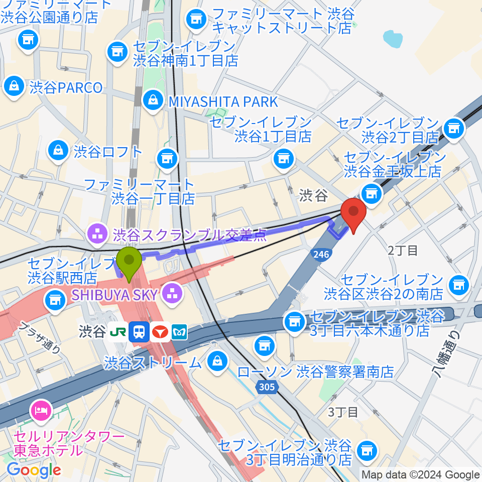 サウンドスタジオノア 渋谷1号店の最寄駅渋谷駅からの徒歩ルート（約7分）地図