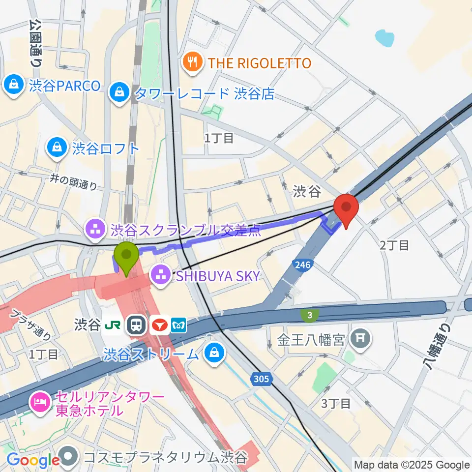 サウンドスタジオノア 渋谷1号店の最寄駅渋谷駅からの徒歩ルート（約7分）地図