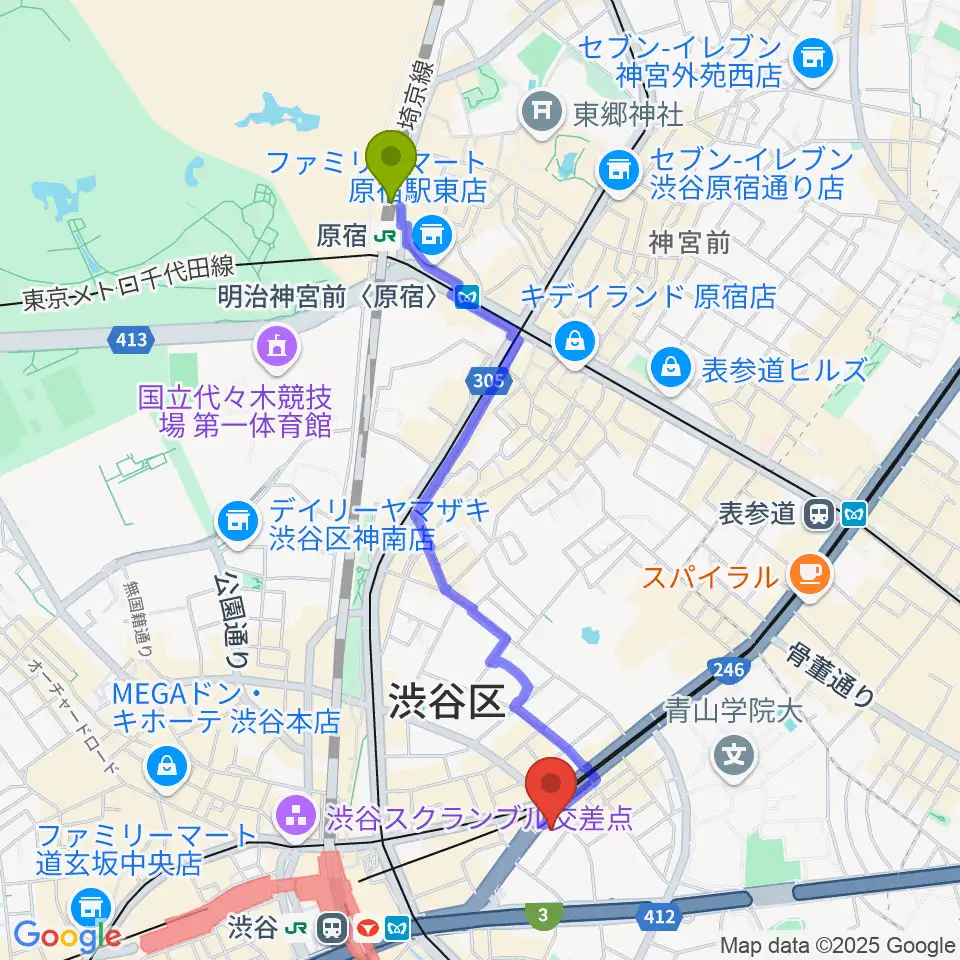 原宿駅からサウンドスタジオノア 渋谷1号店へのルートマップ地図