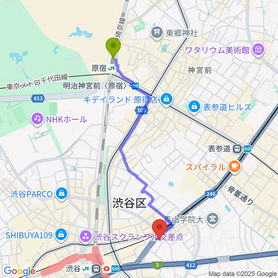 原宿駅からサウンドスタジオノア 渋谷1号店へのルートマップ地図