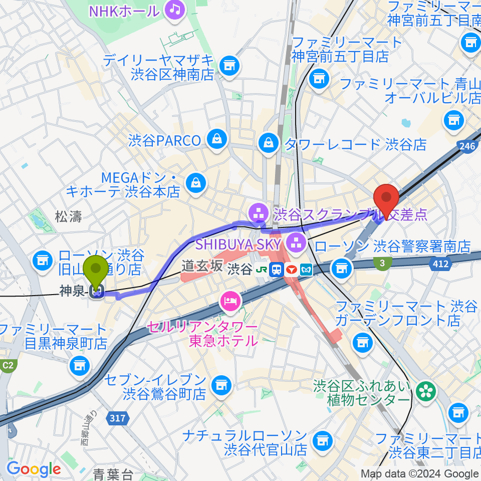 神泉駅からサウンドスタジオノア 渋谷1号店へのルートマップ地図