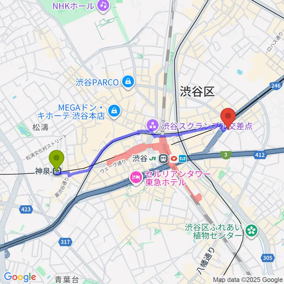 神泉駅からサウンドスタジオノア 渋谷1号店へのルートマップ地図