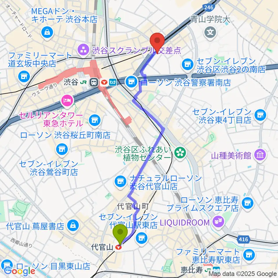 代官山駅からサウンドスタジオノア 渋谷1号店へのルートマップ地図