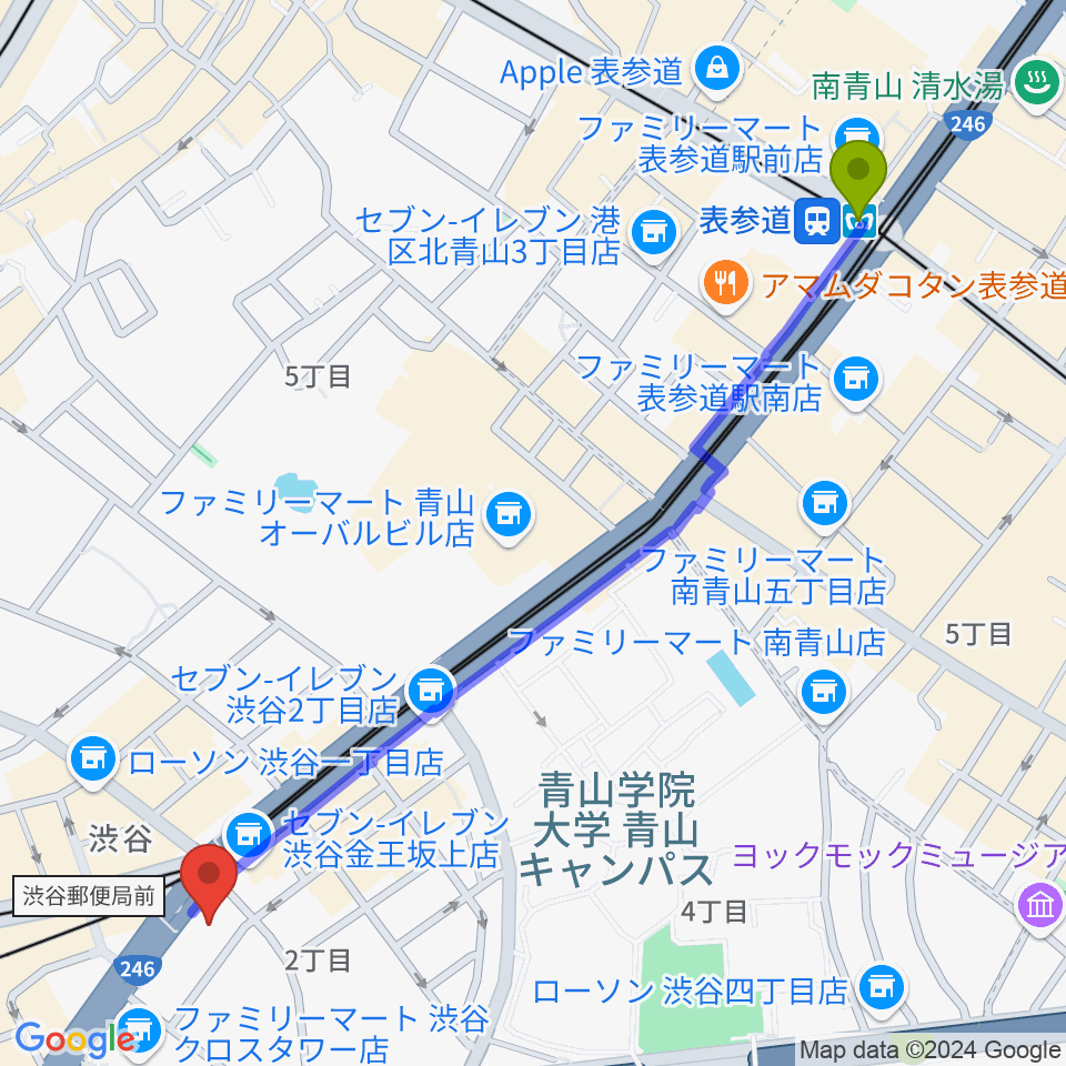 表参道駅からサウンドスタジオノア 渋谷1号店へのルートマップ地図