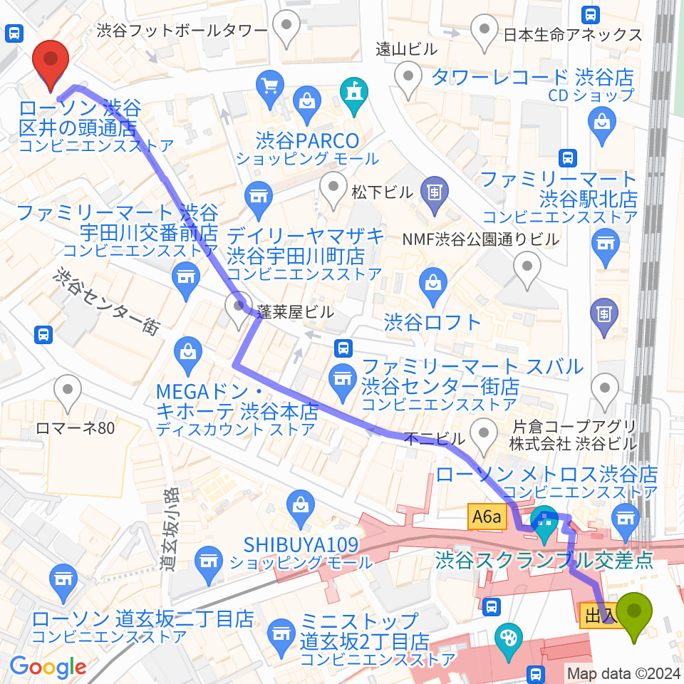 サウンドスタジオノア 渋谷2号店の最寄駅渋谷駅からの徒歩ルート（約9分）地図