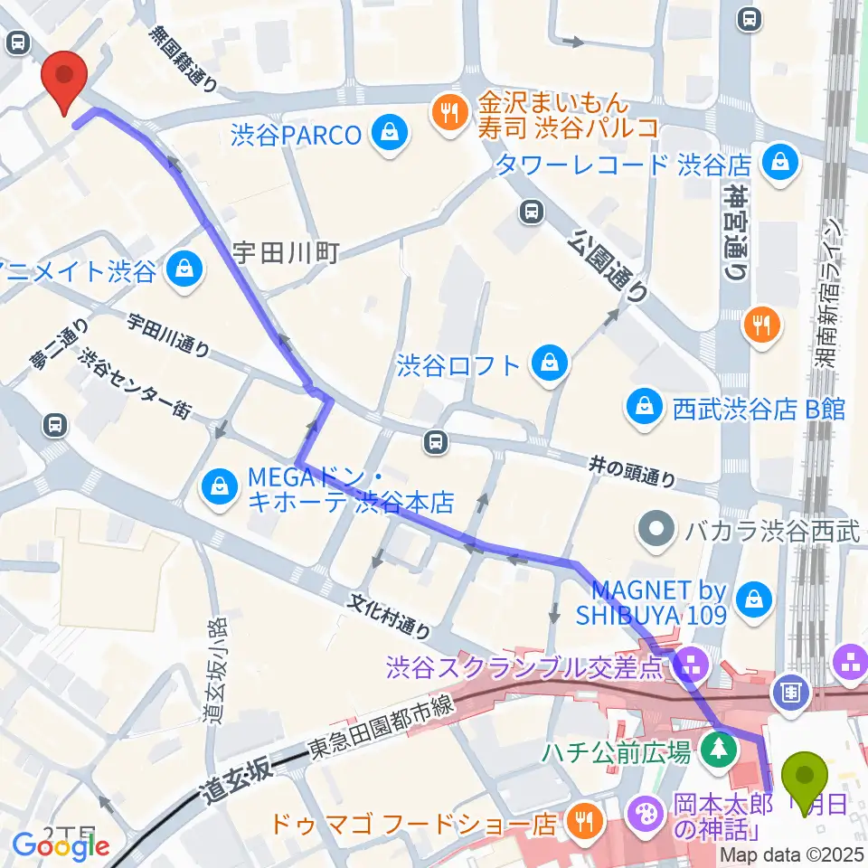 サウンドスタジオノア 渋谷2号店の最寄駅渋谷駅からの徒歩ルート（約9分）地図