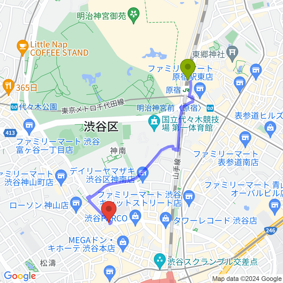 原宿駅からサウンドスタジオノア 渋谷2号店へのルートマップ地図