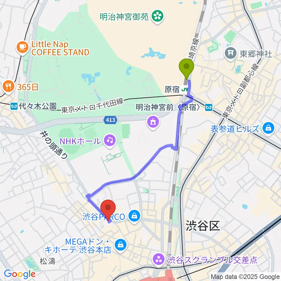 原宿駅からサウンドスタジオノア 渋谷2号店へのルートマップ地図