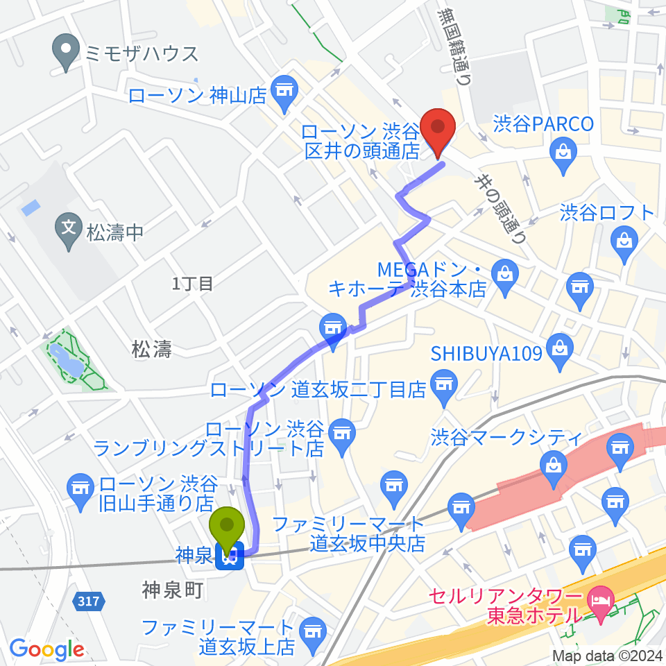 神泉駅からサウンドスタジオノア 渋谷2号店へのルートマップ地図