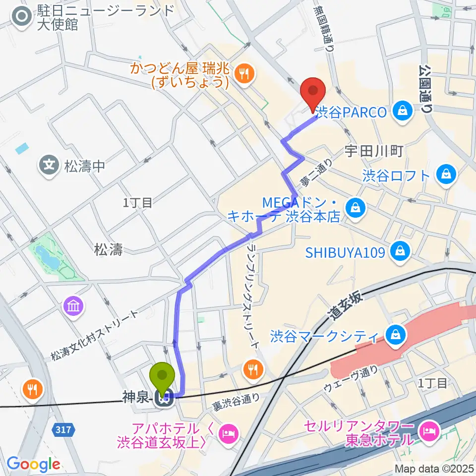 神泉駅からサウンドスタジオノア 渋谷2号店へのルートマップ地図