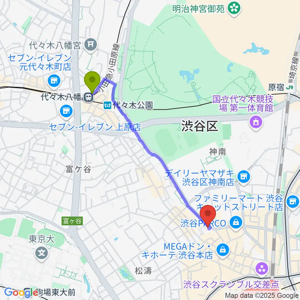 代々木八幡駅からサウンドスタジオノア 渋谷2号店へのルートマップ地図