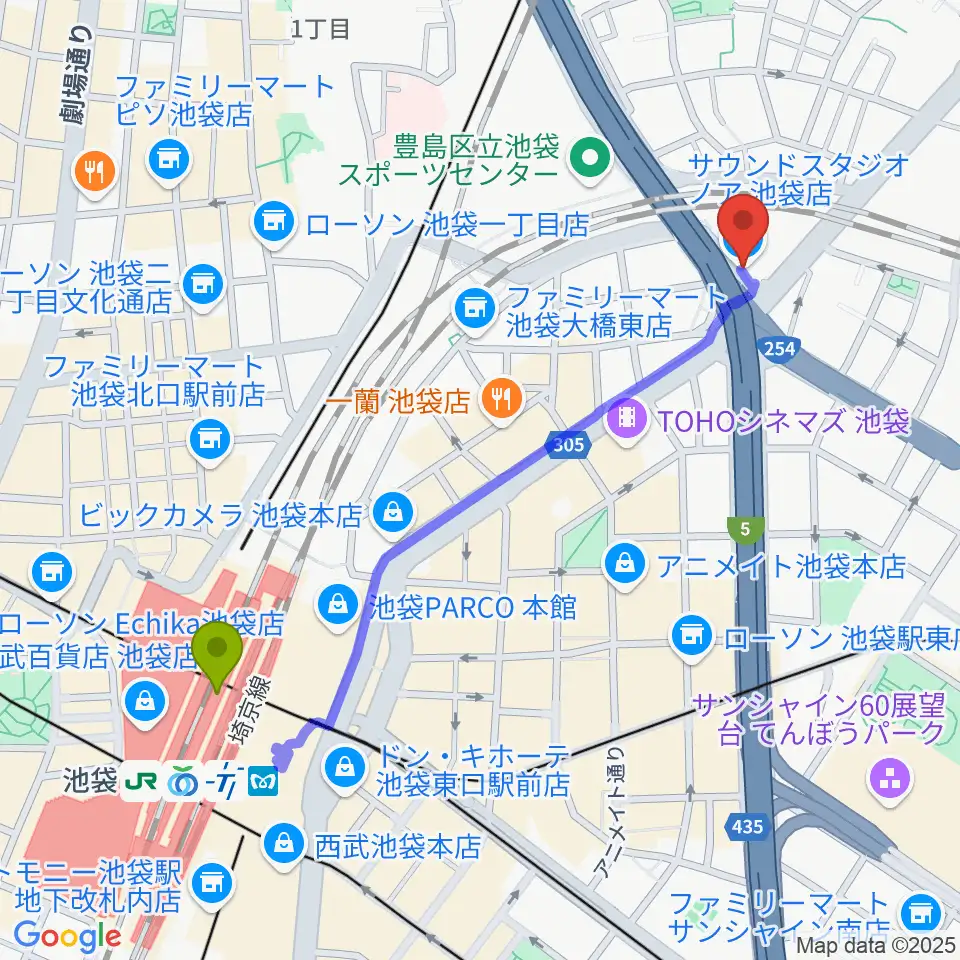 サウンドスタジオノア 池袋店の最寄駅池袋駅からの徒歩ルート 約11分 Mdata