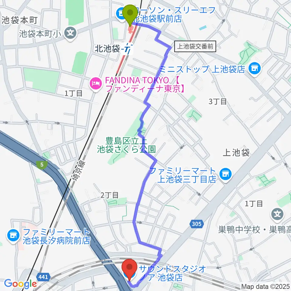 北池袋駅からサウンドスタジオノア 池袋店へのルートマップ地図