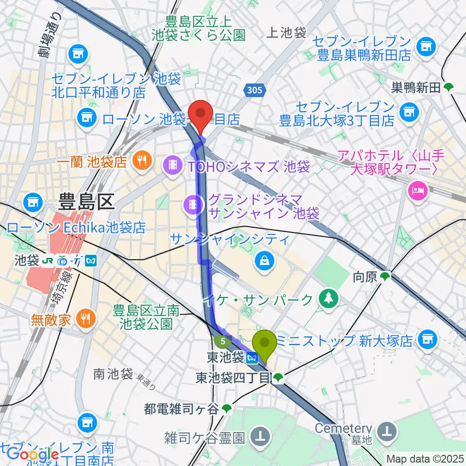 東池袋駅からサウンドスタジオノア 池袋店へのルートマップ地図