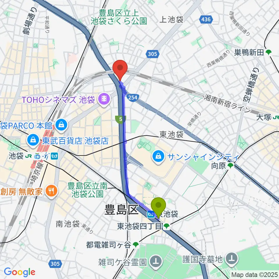 東池袋駅からサウンドスタジオノア 池袋店へのルートマップ地図