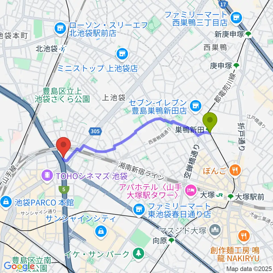 巣鴨新田駅からサウンドスタジオノア 池袋店へのルートマップ地図