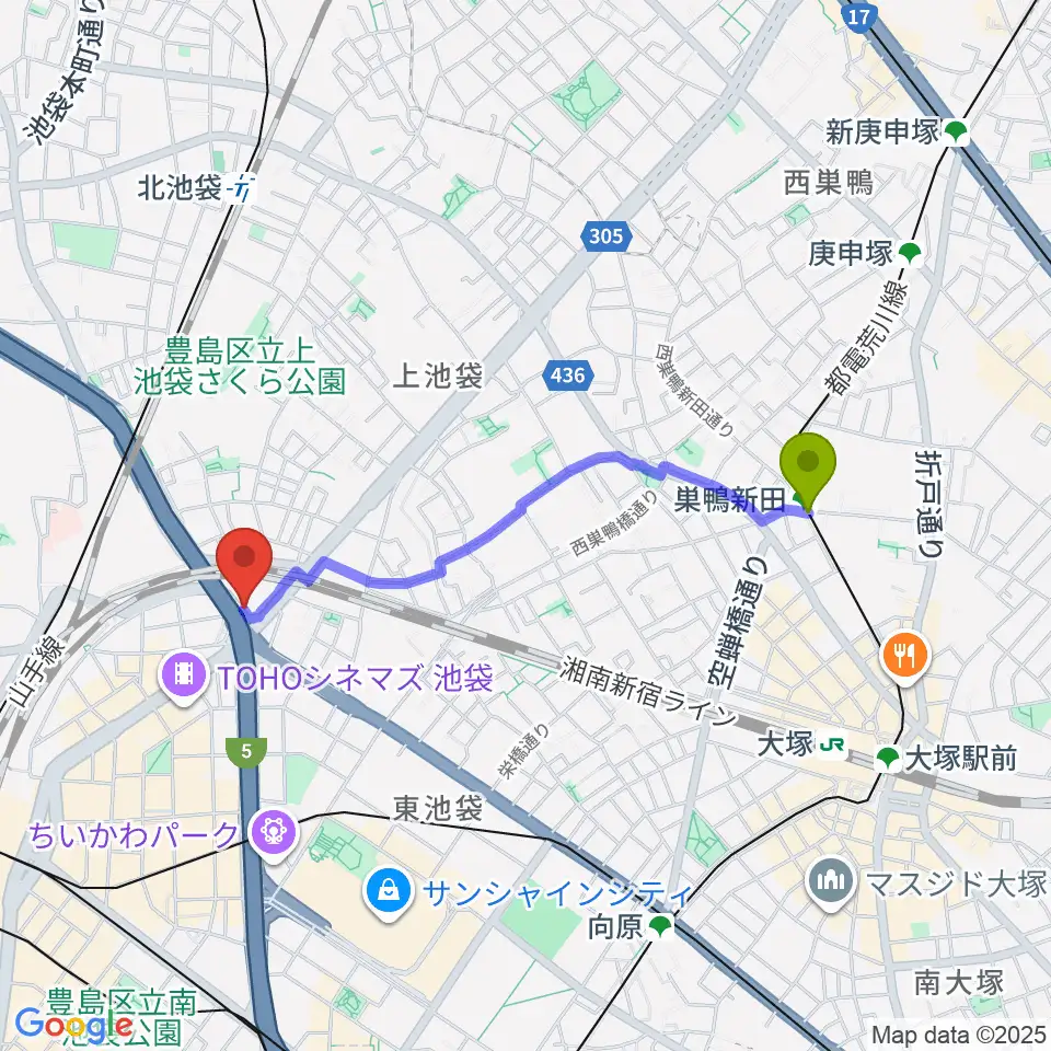 巣鴨新田駅からサウンドスタジオノア 池袋店へのルートマップ地図