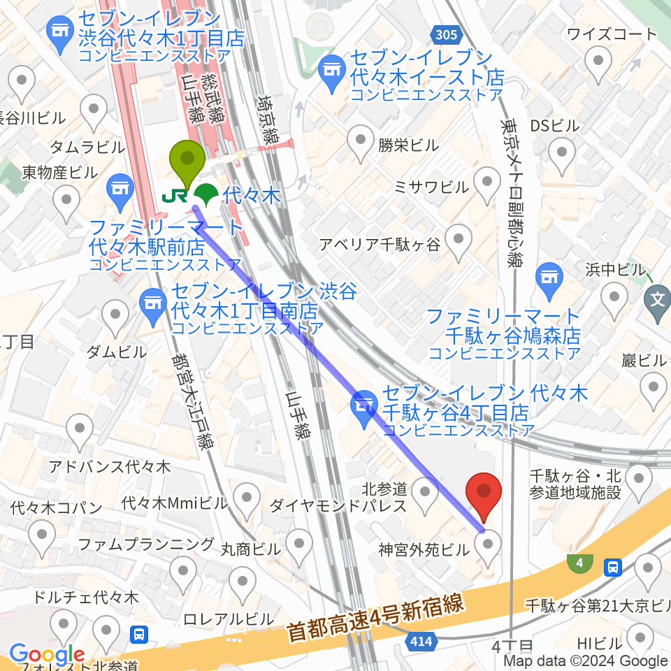 代々木駅からサウンドスタジオノア 代々木店へのルートマップ地図