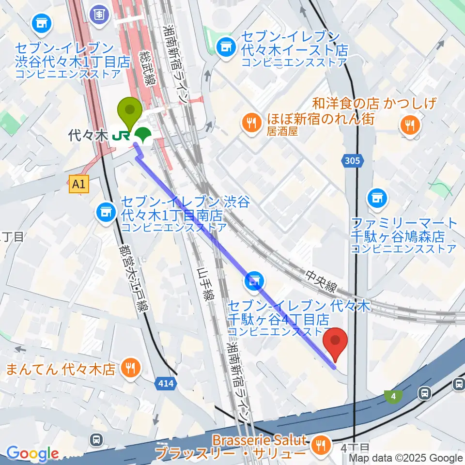 代々木駅からサウンドスタジオノア 代々木店へのルートマップ地図