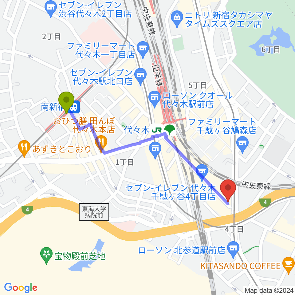南新宿駅からサウンドスタジオノア 代々木店へのルートマップ地図