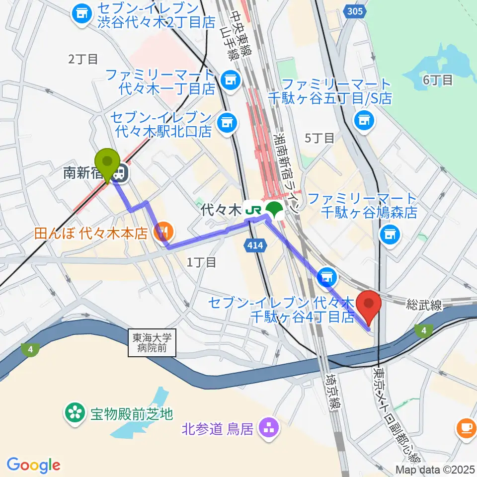 南新宿駅からサウンドスタジオノア 代々木店へのルートマップ地図