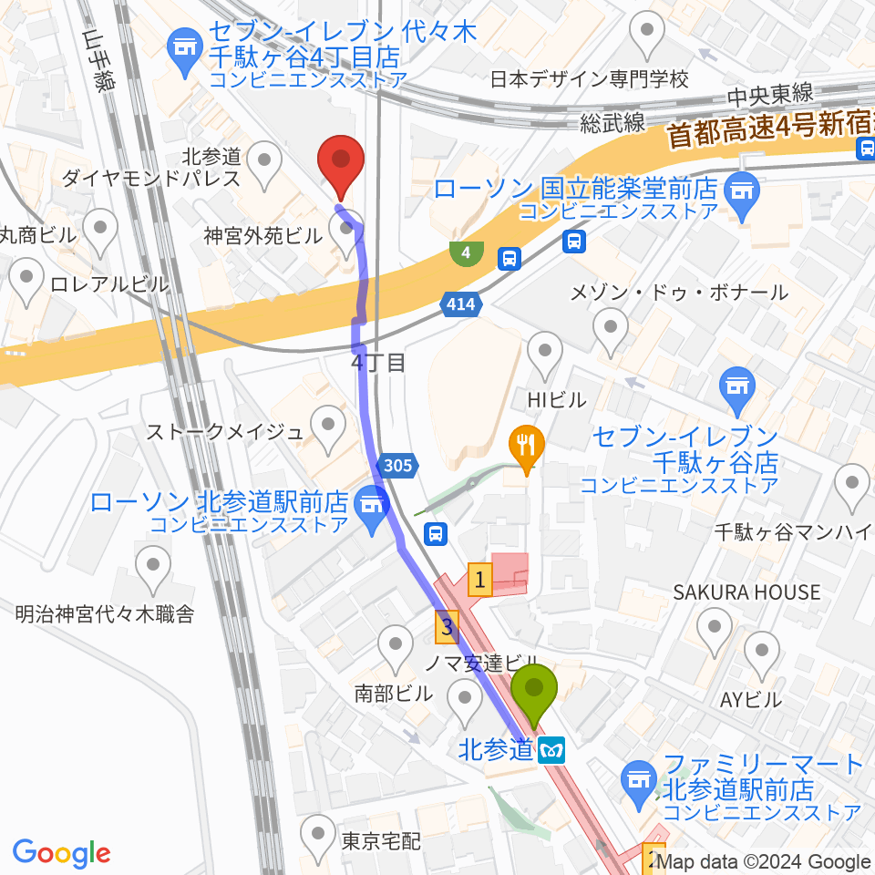 サウンドスタジオノア 代々木店の最寄駅北参道駅からの徒歩ルート（約5分）地図