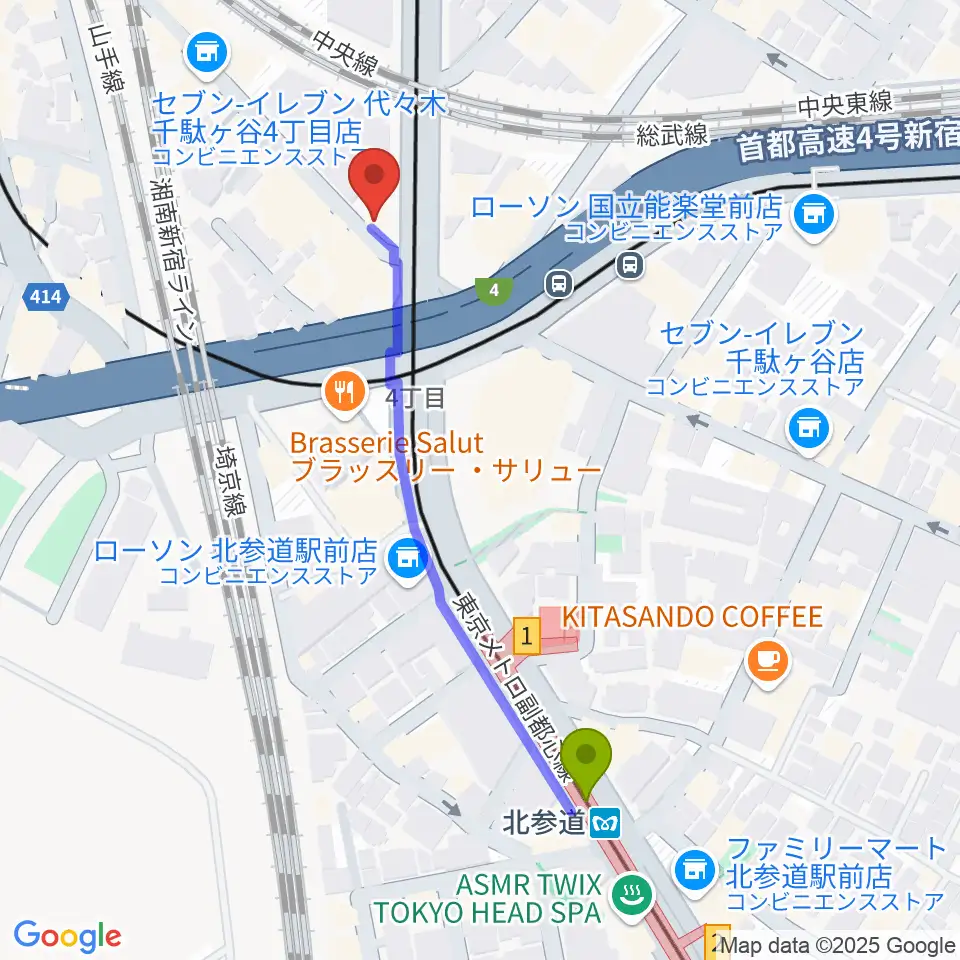サウンドスタジオノア 代々木店の最寄駅北参道駅からの徒歩ルート（約5分）地図