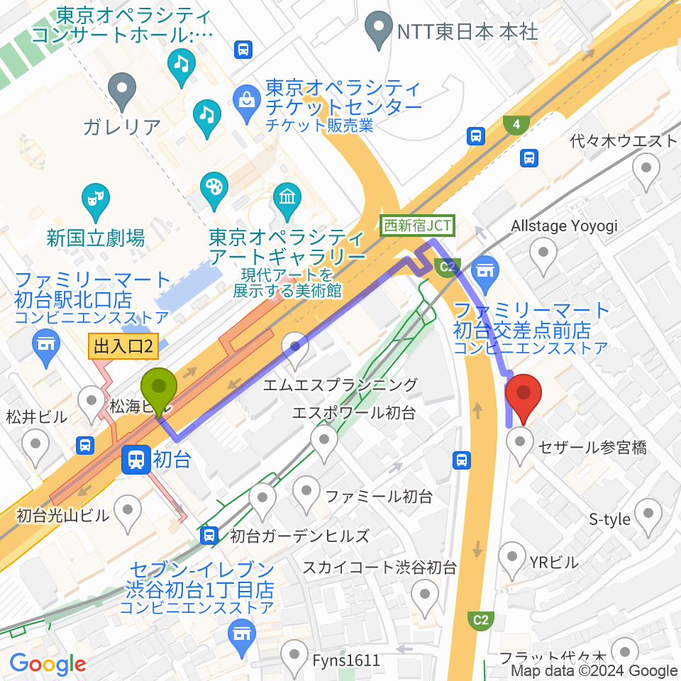 サウンドスタジオノア 初台店の最寄駅初台駅からの徒歩ルート（約4分）地図