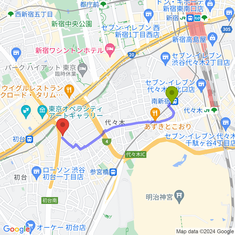 南新宿駅からサウンドスタジオノア 初台店へのルートマップ地図