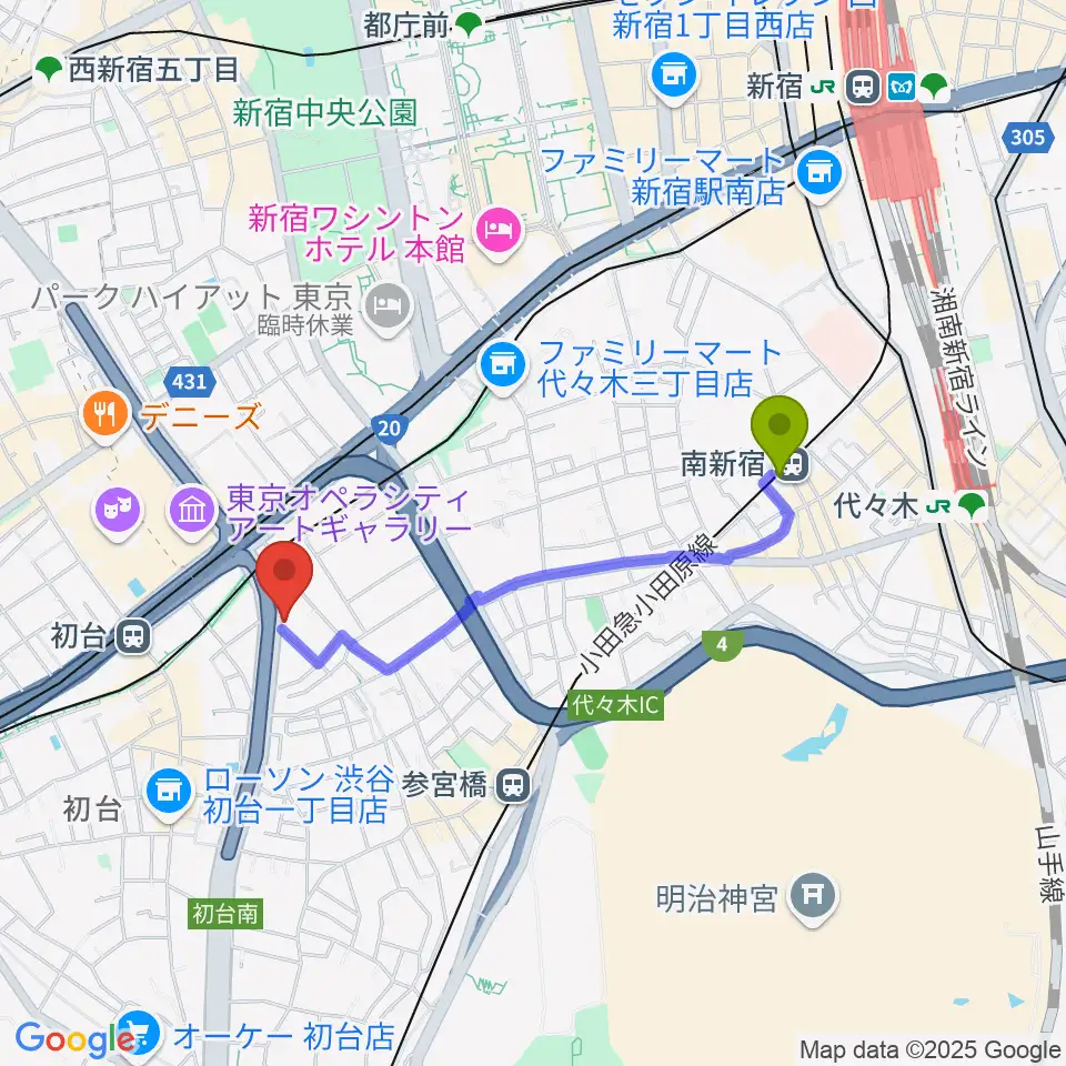 南新宿駅からサウンドスタジオノア 初台店へのルートマップ地図