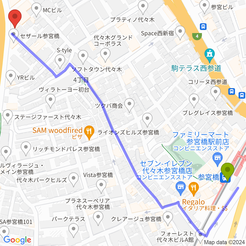 参宮橋駅からサウンドスタジオノア 初台店へのルートマップ地図