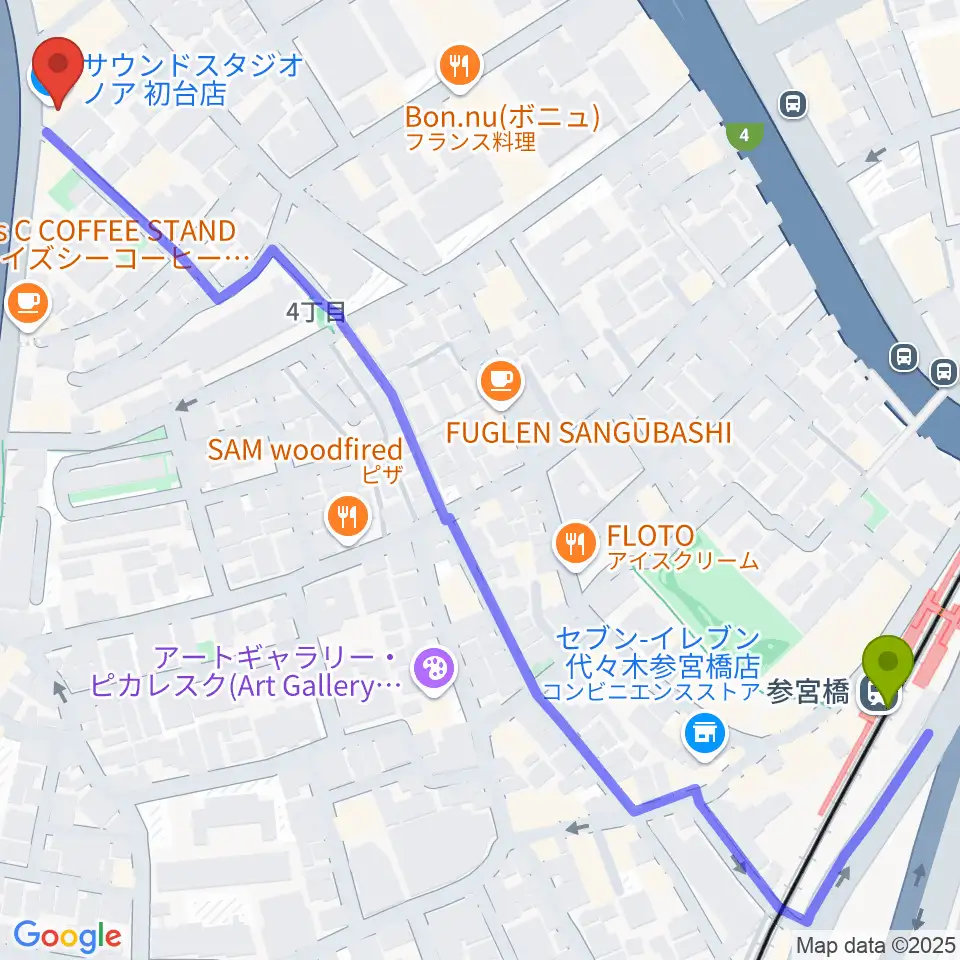 参宮橋駅からサウンドスタジオノア 初台店へのルートマップ地図