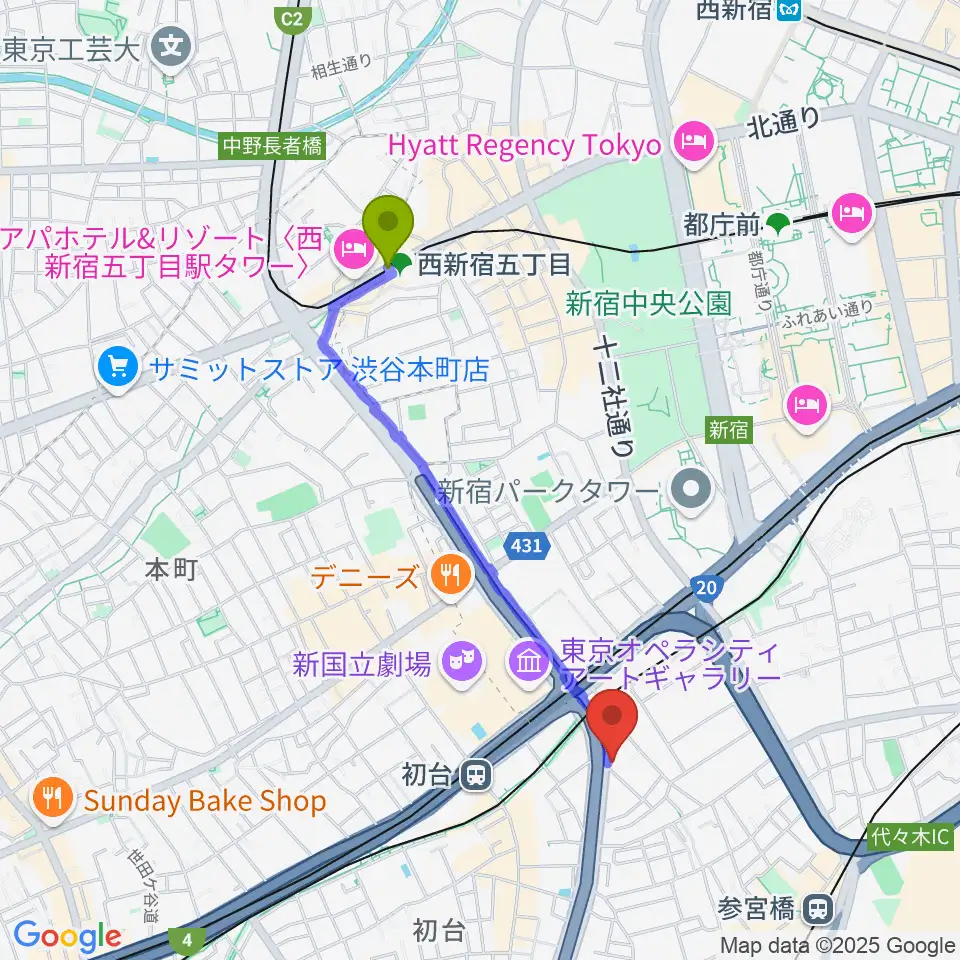 西新宿五丁目駅からサウンドスタジオノア 初台店へのルートマップ地図