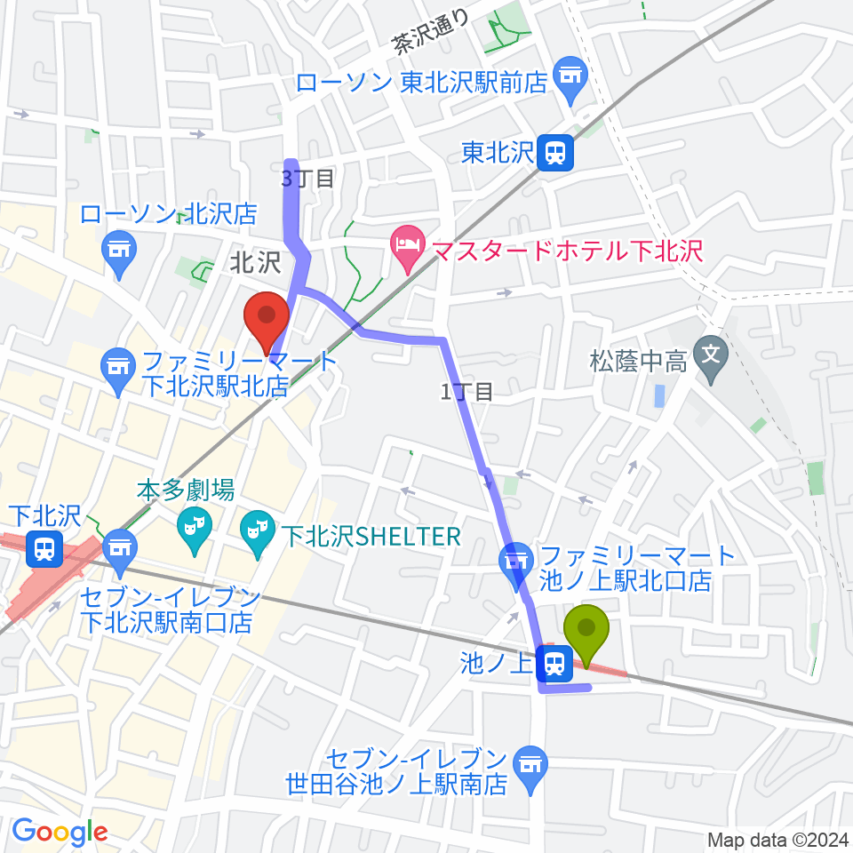 池ノ上駅からサウンドスタジオノア 下北沢店へのルートマップ地図