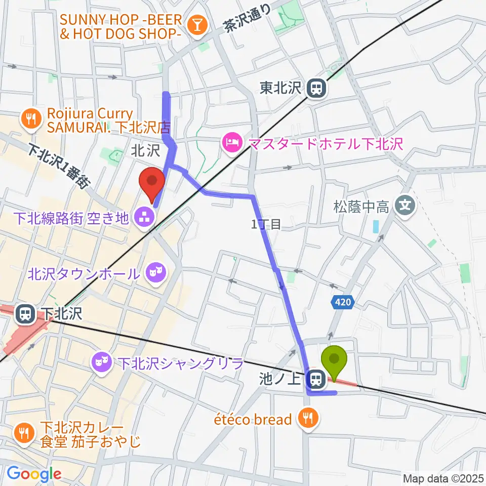 池ノ上駅からサウンドスタジオノア 下北沢店へのルートマップ地図