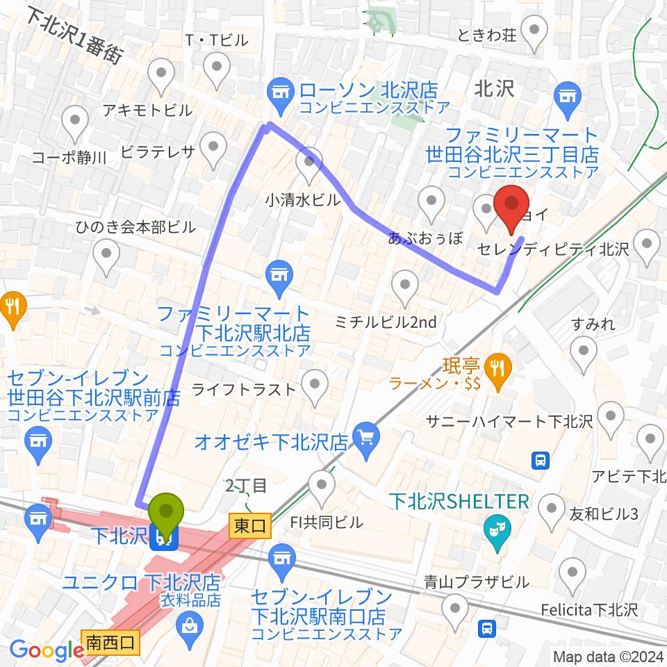 サウンドスタジオノア 下北沢店の最寄駅下北沢駅からの徒歩ルート（約5分）地図