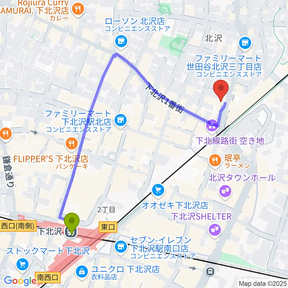 サウンドスタジオノア 下北沢店の最寄駅下北沢駅からの徒歩ルート（約5分）地図