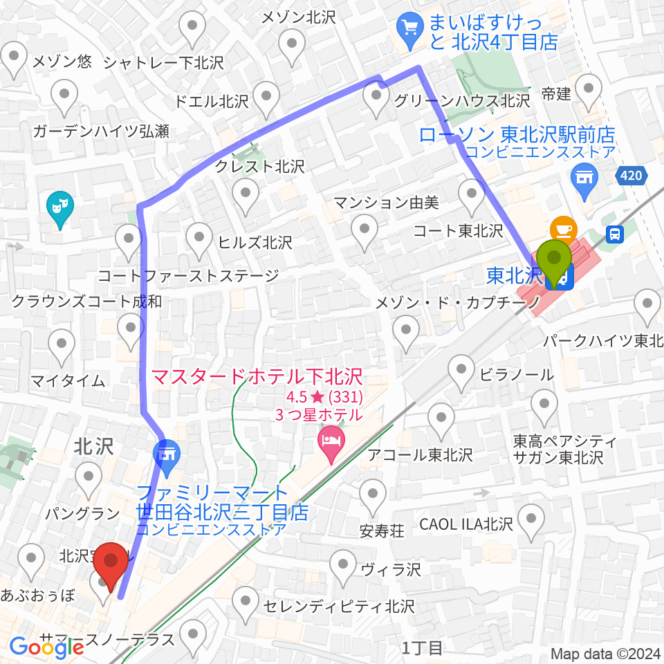 東北沢駅からサウンドスタジオノア 下北沢店へのルートマップ地図